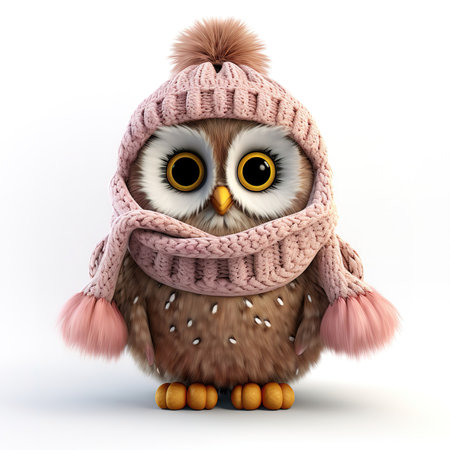 cute fluffy cartoon owl in a knitted scarf and hat on a white backgroundの素材