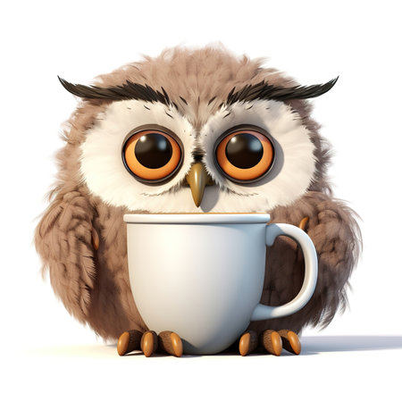 cute fluffy cartoon owl with a cup on a white backgroundの素材