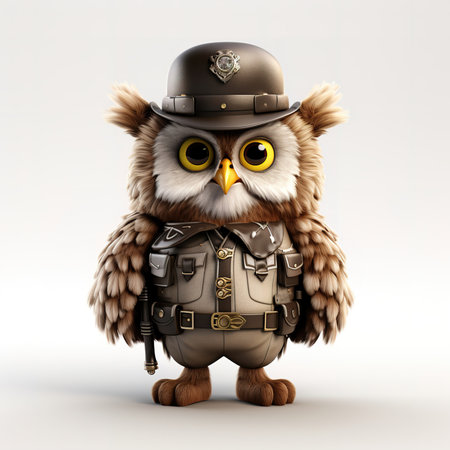 cute fluffy cartoon sheriff owl in a hat and police clothes, on a white backgroundの素材