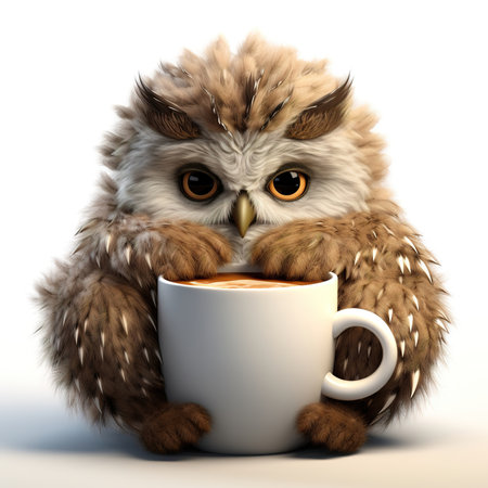 cute fluffy cartoon owl with a cup on a white backgroundの素材