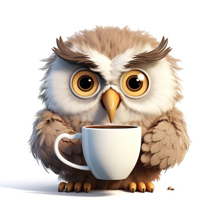 cute fluffy cartoon owl with a cup on a white backgroundの素材
