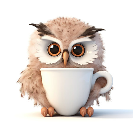cute fluffy cartoon owl with a cup on a white backgroundの素材