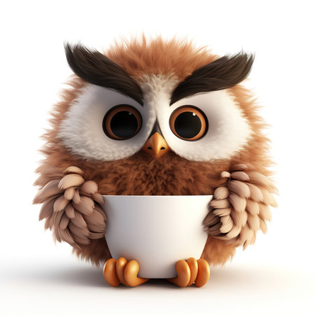 cute fluffy cartoon owl with a cup on a white backgroundの素材
