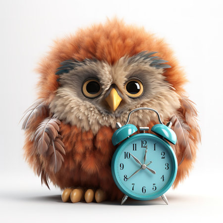 cute fluffy cartoon owl with alarm clock, on white backgroundの素材
