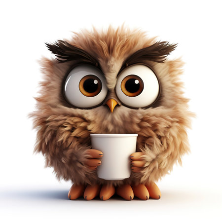 cute fluffy cartoon owl with a cup on a white backgroundの素材