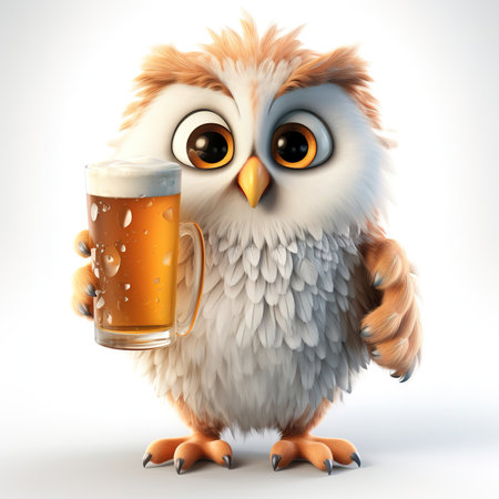 cute fluffy cartoon owl with a glass of beer, on a white backgroundの素材