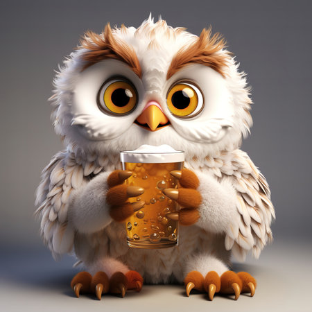 cute fluffy cartoon owl with a glass of beer, on a white backgroundの素材