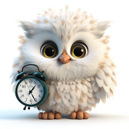 cute fluffy cartoon owl with alarm clock, on white backgroundの素材