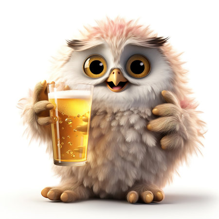 cute fluffy cartoon owl with a glass of beer, on a white backgroundの素材
