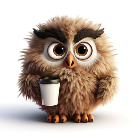 cute fluffy cartoon owl with a cup on a white backgroundの素材
