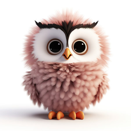 cute fluffy cartoon owl on white backgroundの素材