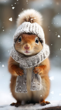 cute red fluffy squirrel in a knitted hat and scarf on a winter backgroundの素材