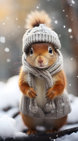 cute red fluffy squirrel in a knitted hat and scarf on a winter backgroundの素材