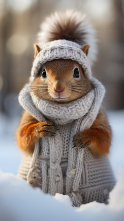 cute red fluffy squirrel in a knitted hat and scarf on a winter backgroundの素材