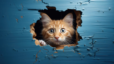curious emotional cat looks out a hole in the wall, on a blue backgroundの素材