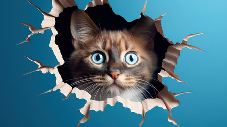curious emotional cat looks out a hole in the wall, on a blue backgroundの素材