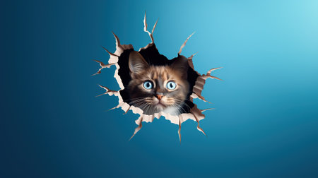 curious emotional cat looks out a hole in the wall, on a blue backgroundの素材
