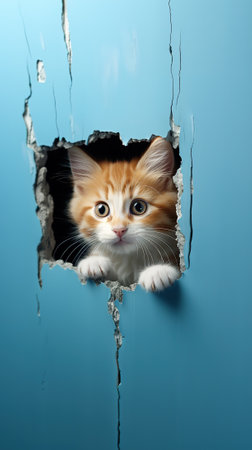 curious emotional cat looks out a hole in the wall, on a blue backgroundの素材
