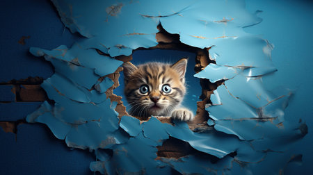 curious emotional cat looks out a hole in the wall, on a blue backgroundの素材