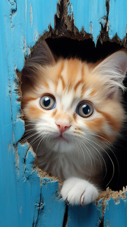 curious emotional cat looks out a hole in the wall, on a blue backgroundの素材
