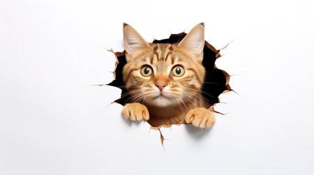 emotional cat looks out a hole in the wall, on a white backgroundvの素材