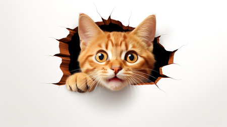 emotional cat looks out a hole in the wall, on a white backgroundvの素材
