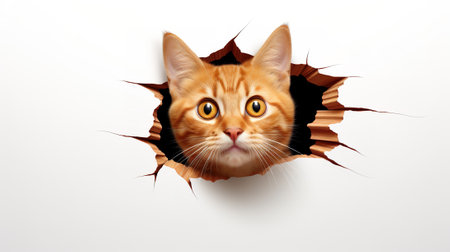 emotional cat looks out a hole in the wall, on a white backgroundvの素材