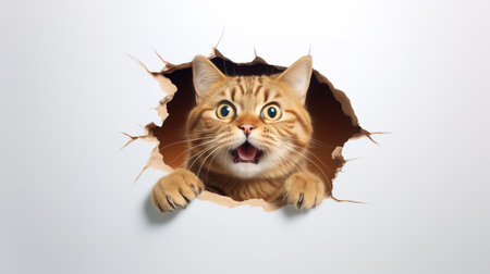 emotional cat looks out a hole in the wall, on a white backgroundvの素材