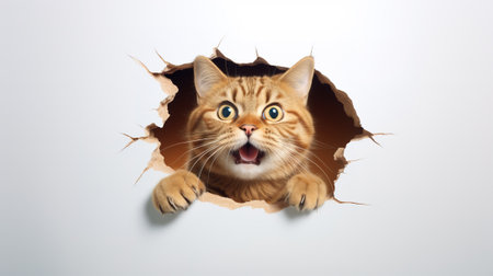 emotional cat looks out a hole in the wall, on a white backgroundvの素材