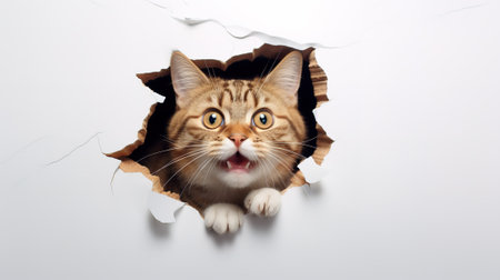 emotional cat looks out a hole in the wall, on a white backgroundvの素材