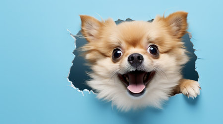 curious surprised emotional dog looks out a hole in the wall, on a blue backgroundの素材