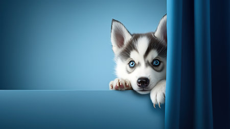 emotional husky puppy peeks out from behind the wall, on a blue backgroundの素材