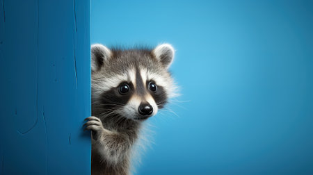 surprised curious raccoon peeks out and looks from around the corner, on a blue backgroundの素材