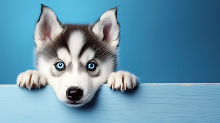 emotional husky puppy peeks out from behind the wall, on a blue backgroundの素材
