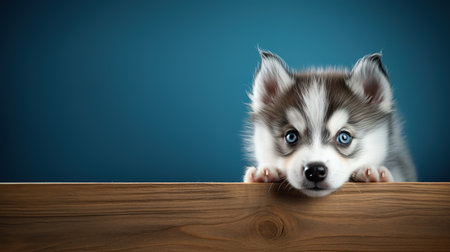 emotional husky puppy peeks out from behind the wall, on a blue backgroundの素材