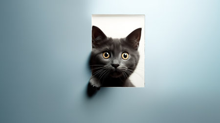 curious emotional cat peeks out from around the corner of the wall, on a blue backgroundの素材