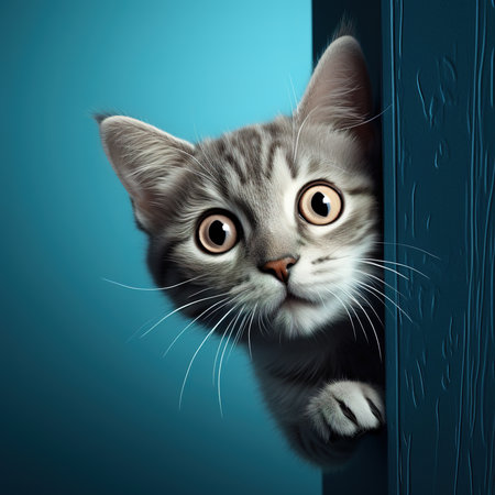 curious emotional cat peeks out from around the corner of the wall, on a blue backgroundの素材