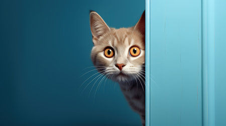 curious emotional cat peeks out from around the corner of the wall, on a blue backgroundの素材