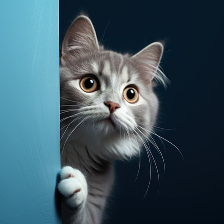 curious emotional cat peeks out from around the corner of the wall, on a blue backgroundの素材