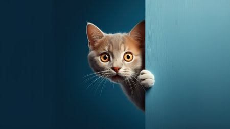 curious emotional cat peeks out from around the corner of the wall, on a blue backgroundの素材