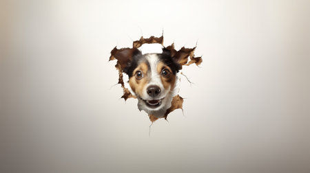 curious emotional dog peeks out of a hole in the wall, on a white backgroundの素材