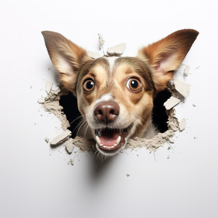 curious emotional dog peeks out of a hole in the wall, on a white backgroundの素材