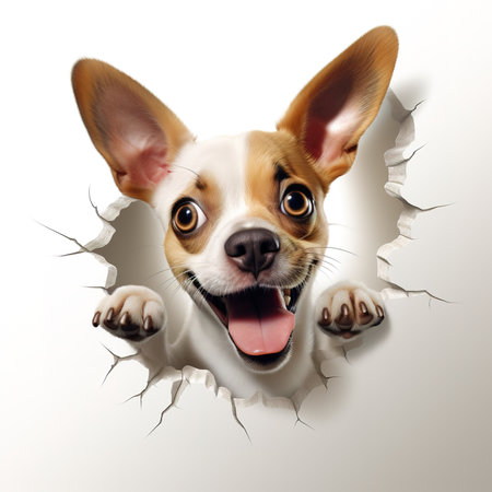 curious emotional dog peeks out of a hole in the wall, on a white backgroundの素材