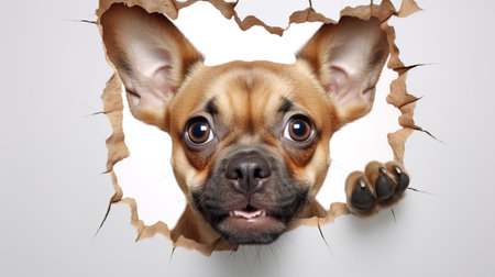 curious emotional dog peeks out of a hole in the wall, on a white backgroundの素材