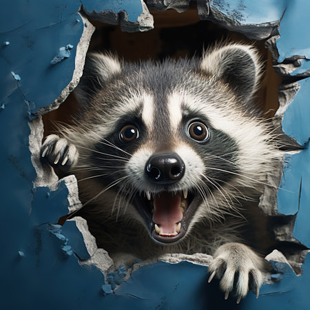surprised curious raccoon looks out a hole in a wall with cracks, on a blue backgroundの素材