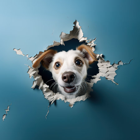 curious surprised emotional dog looks out a hole in the wall, on a blue backgroundの素材