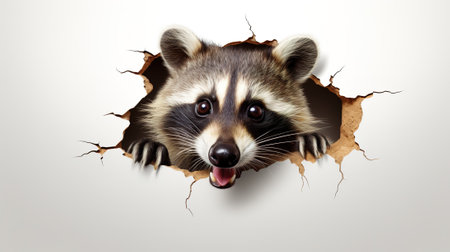 surprised curious raccoon looks out of a hole, on a white backgroundの素材