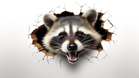 surprised curious raccoon looks out of a hole, on a white backgroundの素材
