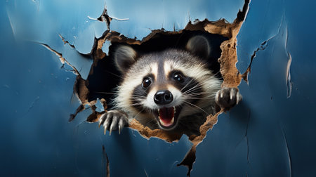 surprised curious raccoon looks out a hole in a wall with cracks, on a blue backgroundの素材
