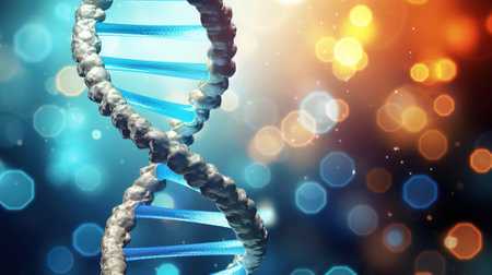 Close-up illustration of DNA helix structure. Science and technology conceptの素材